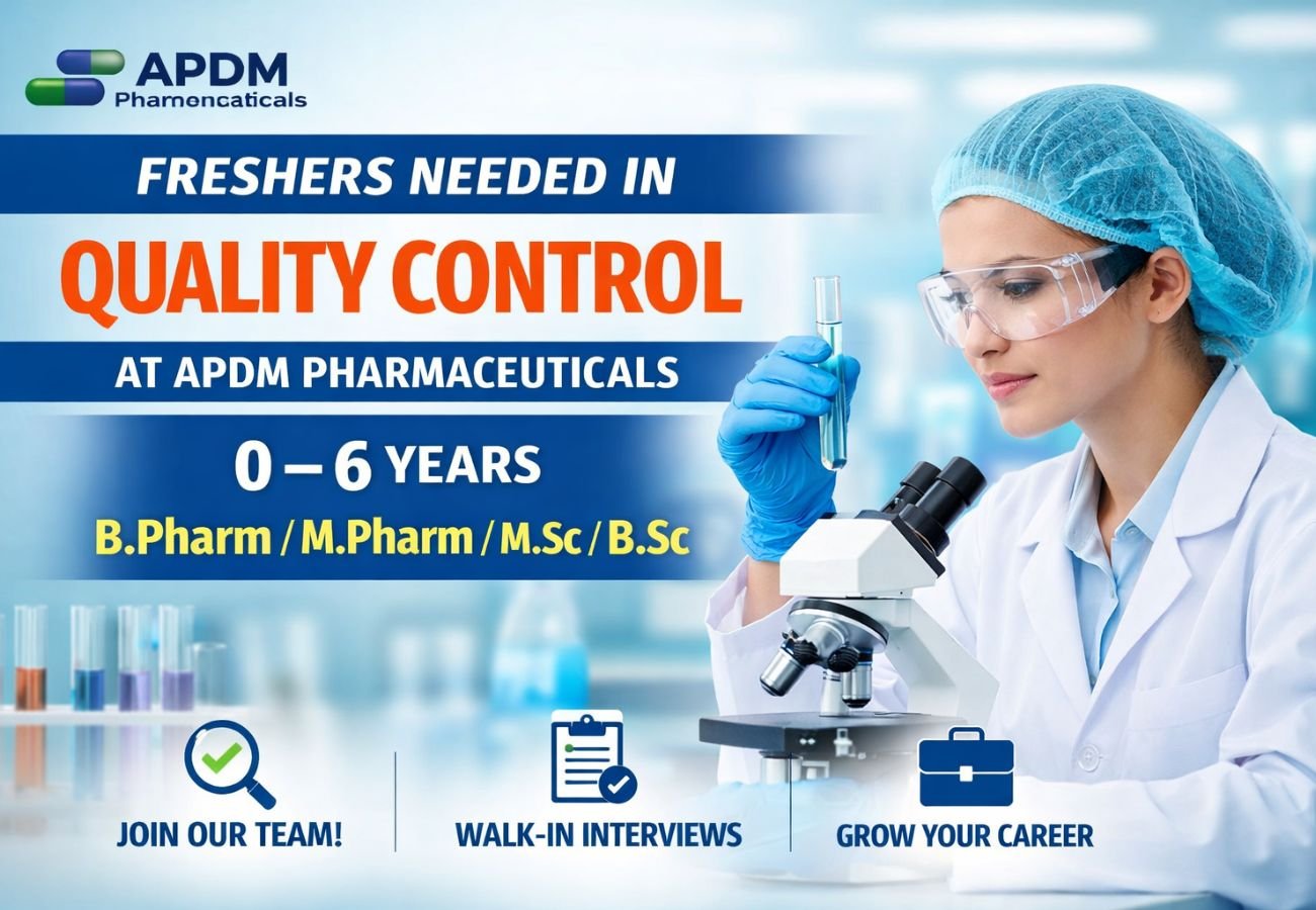 Freshers Needed In Quality Control At APDM Pharmaceuticals