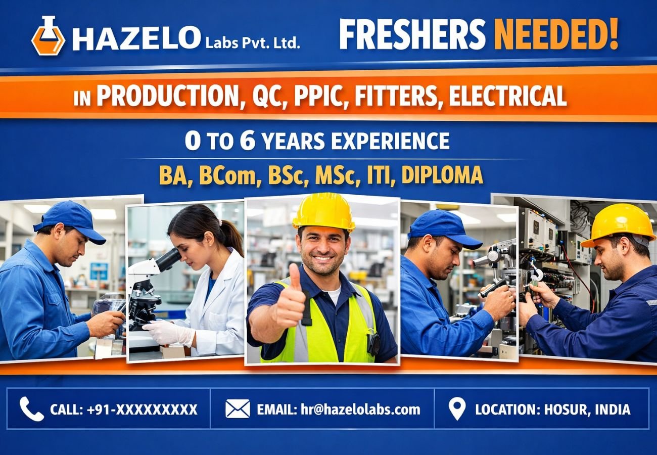 Freshers Needed In Production, QC, PPIC, Fitters, Electrical At Hazelo Labs Pvt. Ltd
