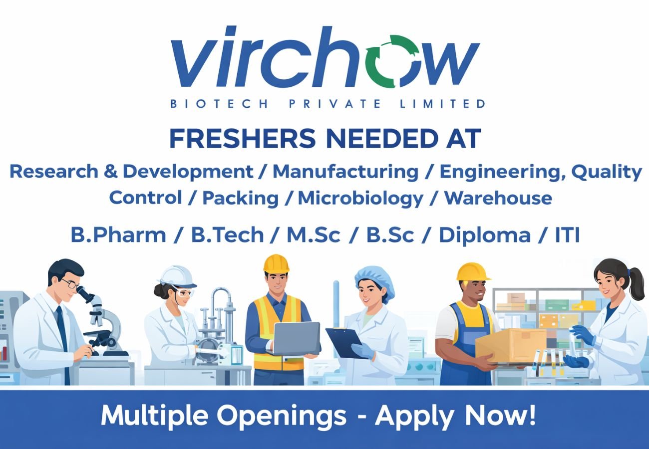 Freshers Needed In Research & Development / Manufacturing / Engineering / Quality Control / Packing / Microbiology / Warehouse At Virchow Biotech