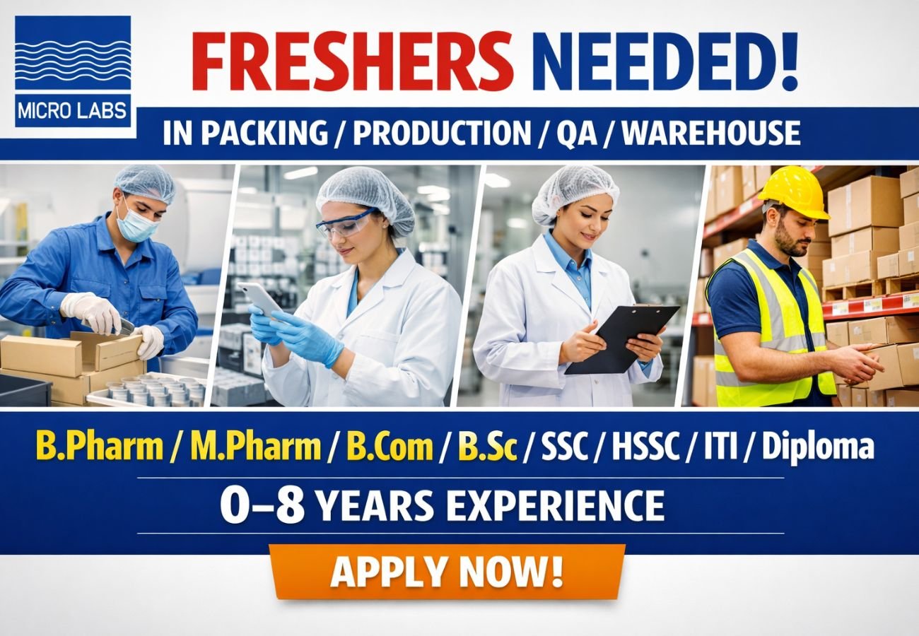 Freshers Needed In Packing / Production / QA / Warehouse At Micro Labs