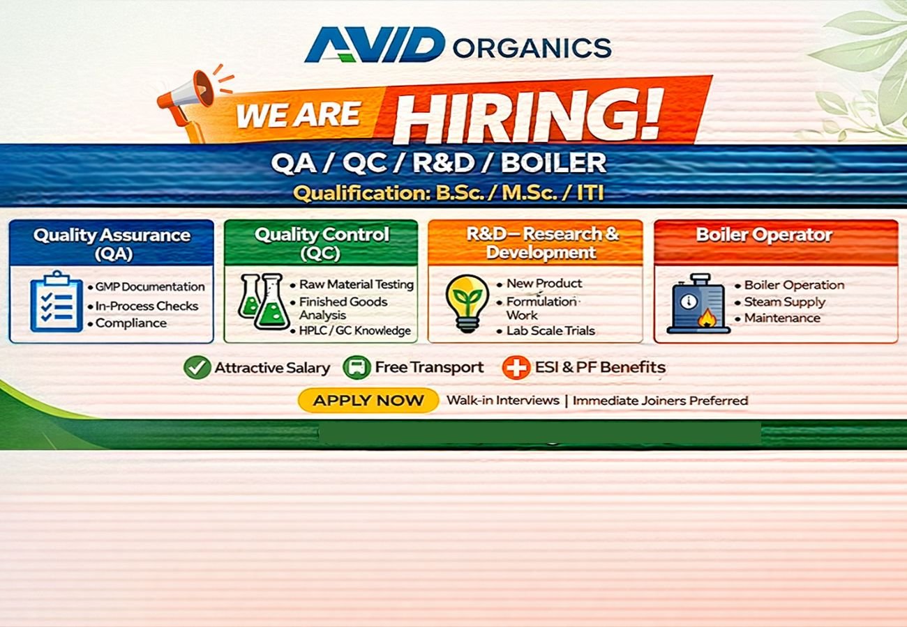 Avid Organics Hiring For QA / QC / R&D / Boiler