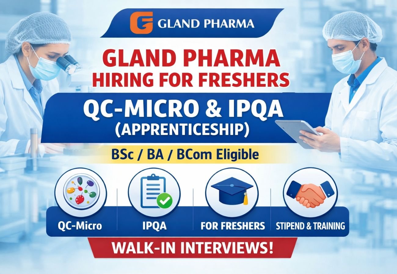 Gland Pharma Hiring For Freshers QC-Micro & IPQA (Apprenticeship )