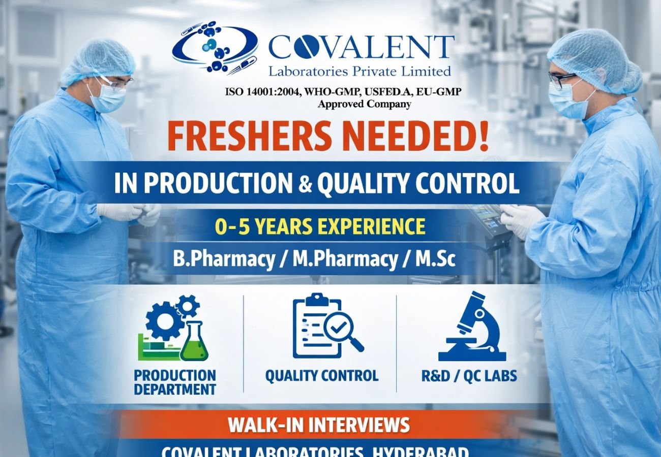Freshers Needed In Production, Quality Control At Covalent Laboratories