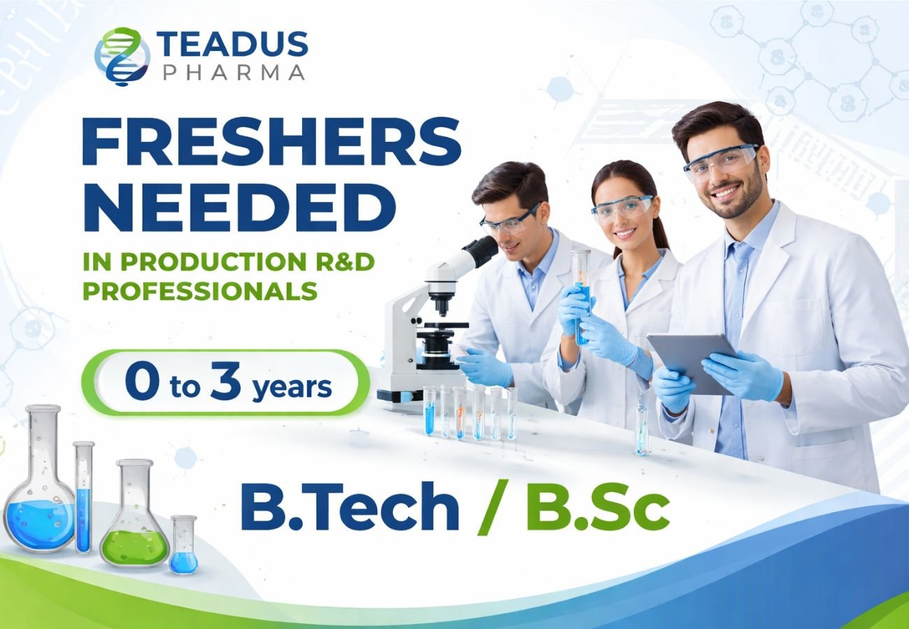 Freshers Needed In Production R&D professionals At Teadus Pharma