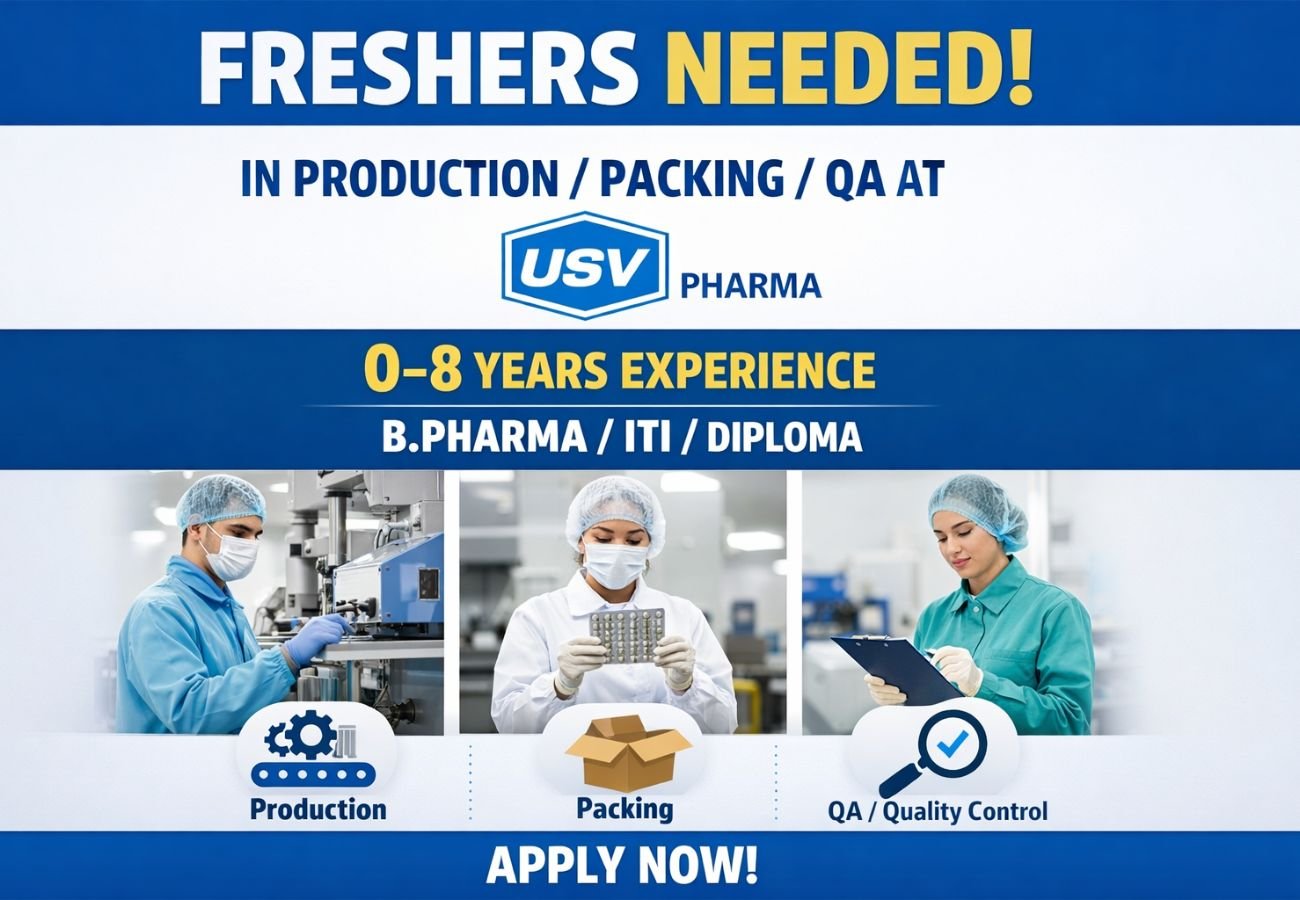 Freshers Needed In Production / Packing / QA At USV Pharma