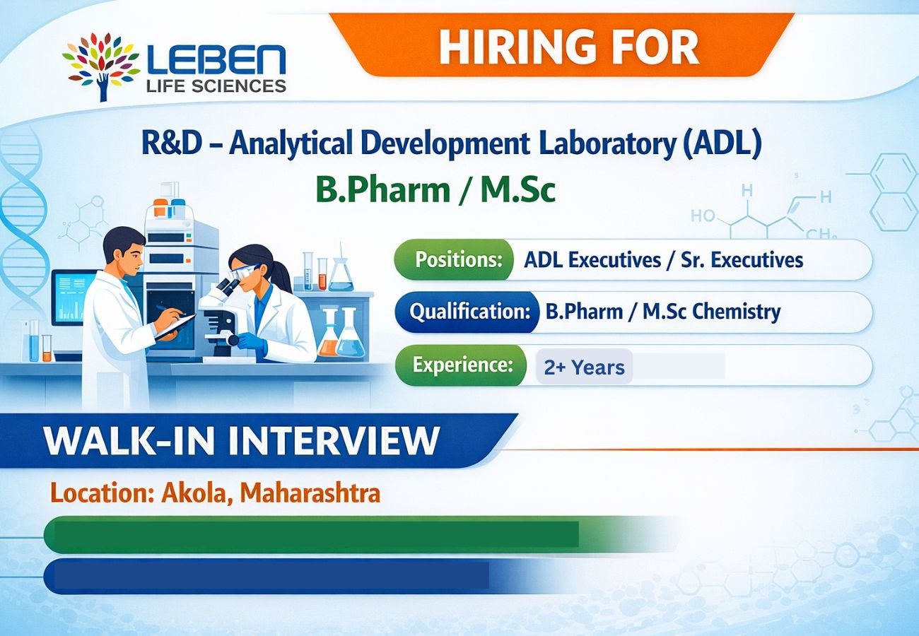 Leben Life Sciences Hiring For R&D – Analytical Development Laboratory (ADL)