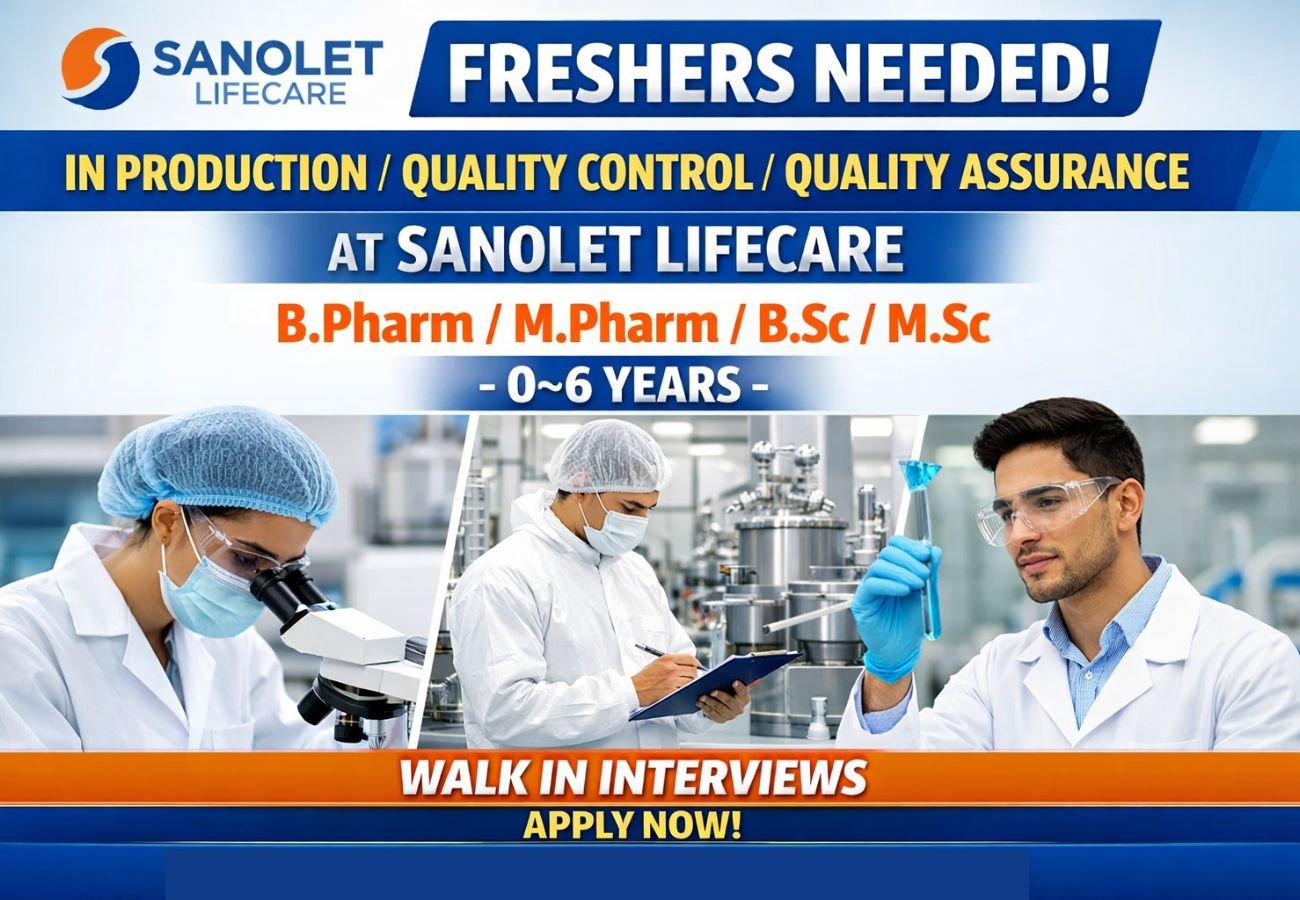 Freshers Needed In Production / Quality Control / Quality Assurance At Sanolet Lifecare