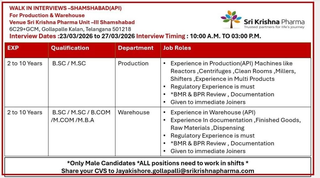 Freshers Needed In Production / Warehouse / Quality Control / Packing At Sri Krishna Pharma