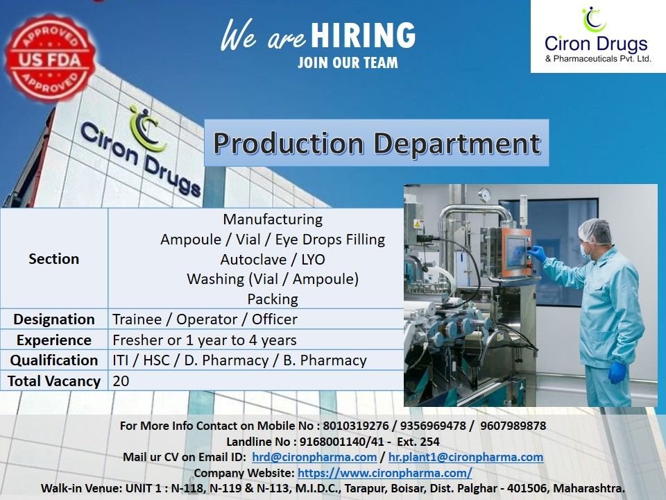 Freshers Needed In Production / Manufacturing At Ciron Drugs & Pharmaceuticals