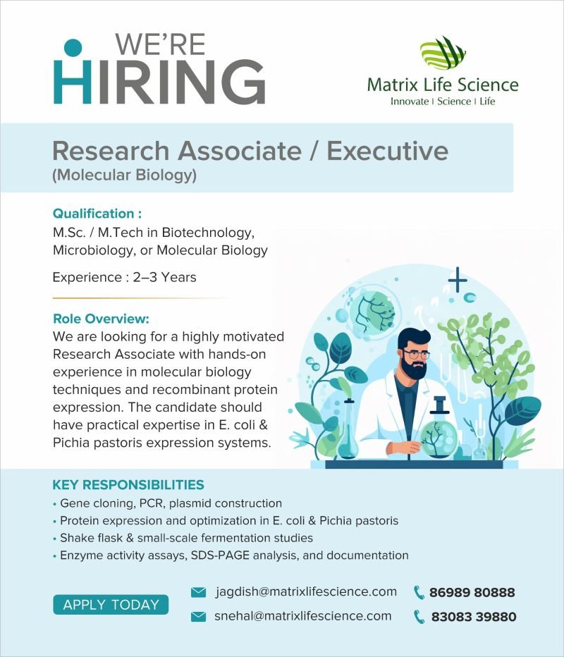 Matrix Life Science Hiring For Research Associate / Executive (Molecular Biology)