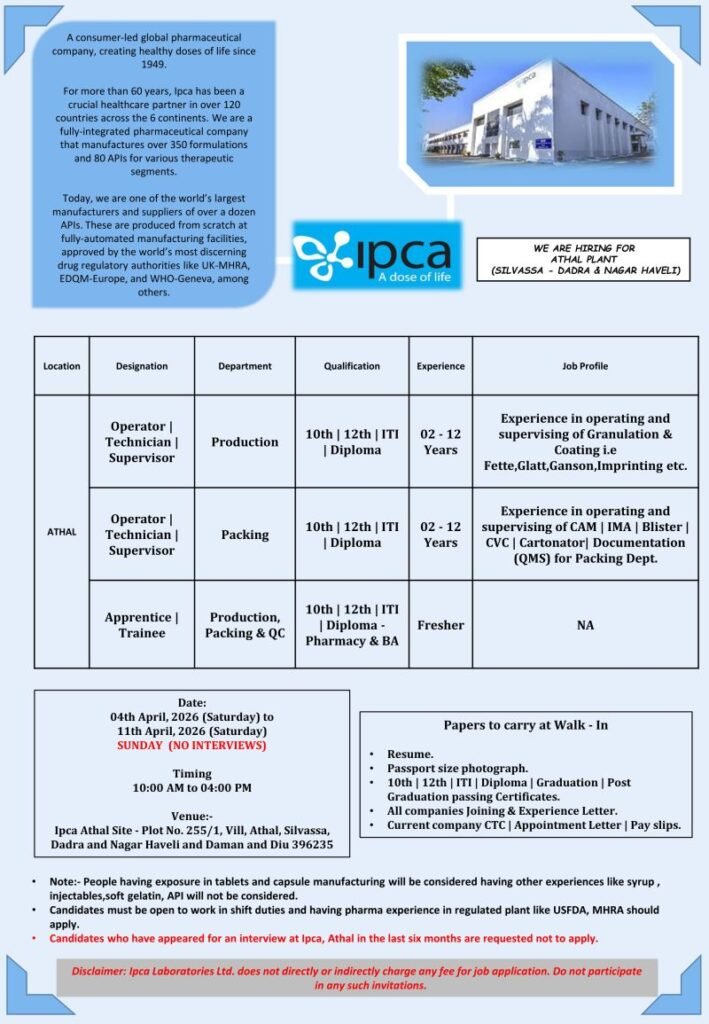 Freshers Needed In Production, Packing, and Quality Control At Ipca Laboratories Ltd