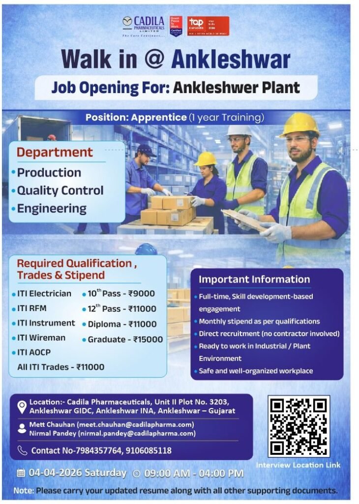 Cadila Pharmaceuticals Hiring For Freshers Apprentice