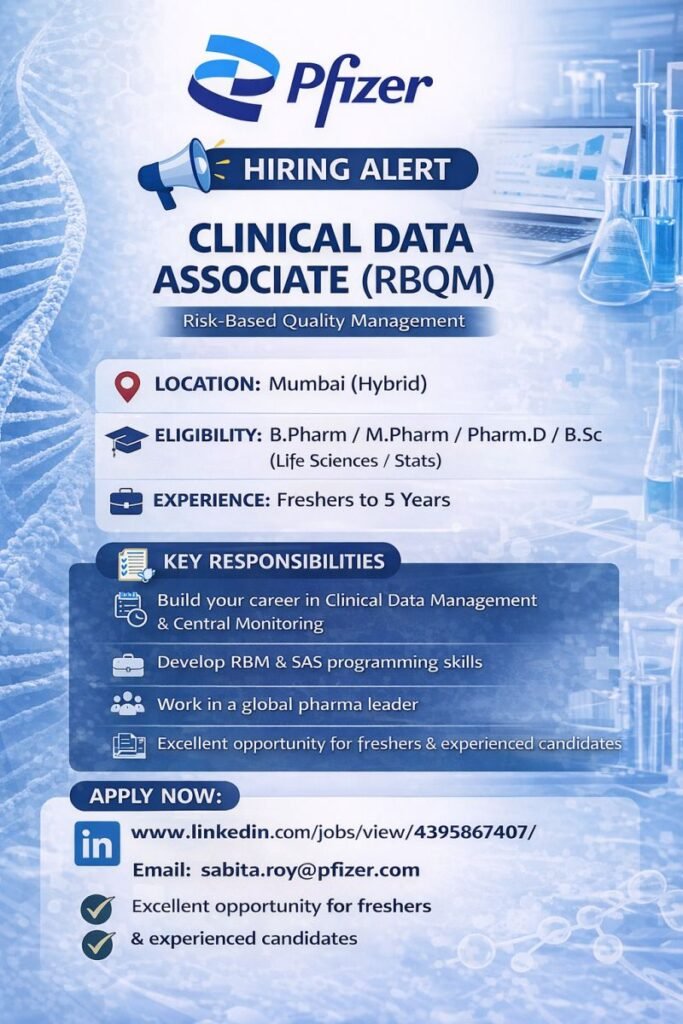 Freshers Needed In Clinical Data Associate At Pfizer