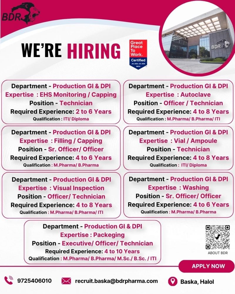 BDR Pharmaceuticals Hiring For Production GI & DPI department