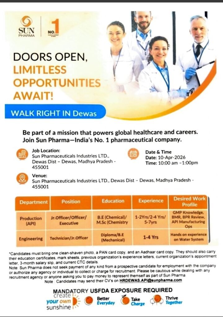 Sun Pharmaceutical Hiring For Production / Engineering