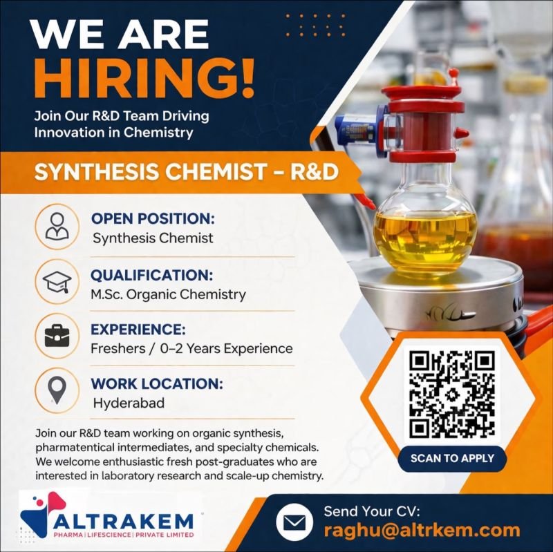 Freshers Needed In Synthesis Chemist – R&D At Altrakem Pharma Lifescience Freshers Needed In Synthesis Chemist – R&D At Altrakem Pharma Lifescience