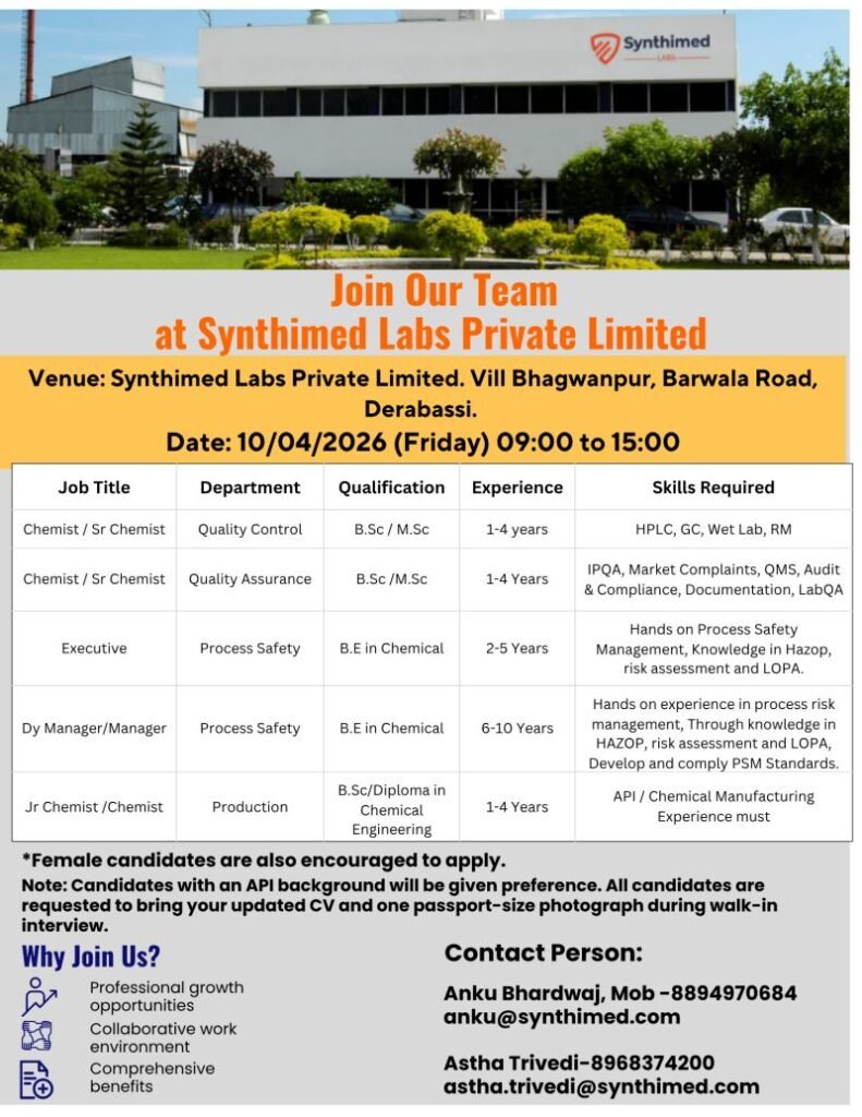 Synthimed Labs Hiring For Process Safety / Quality Control / Quality Assurance Synthimed Labs Hiring For Process Safety / Quality Control / Quality Assurance