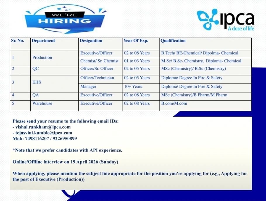 IPCA Laboratories Hiring For Production, Quality Control, Quality Assurance, EHS, Warehouse IPCA Laboratories Hiring For Production, Quality Control, Quality Assurance, EHS, Warehouse