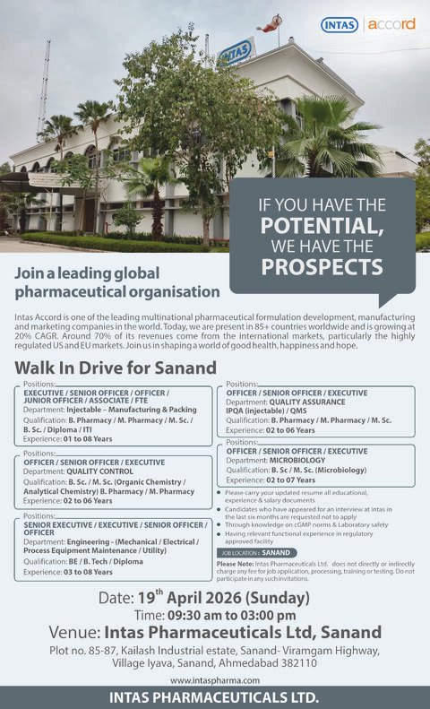 Intas Pharmaceuticals Hiring For Injectable Manufacturing, Quality Control, Quality Assurance, Engineering, Microbiology Intas Pharmaceuticals Hiring For Injectable Manufacturing, Quality Control, Quality Assurance, Engineering, Microbiology