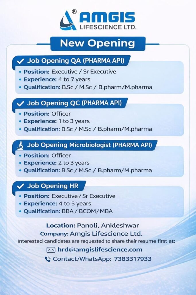 Amgis Lifescience Hiring For Quality Assurance / Quality Control / Microbiologist / Human Resources
