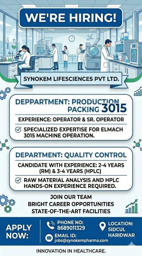 Synokem Lifesciences Hiring For Production / Packing / Quality Control
