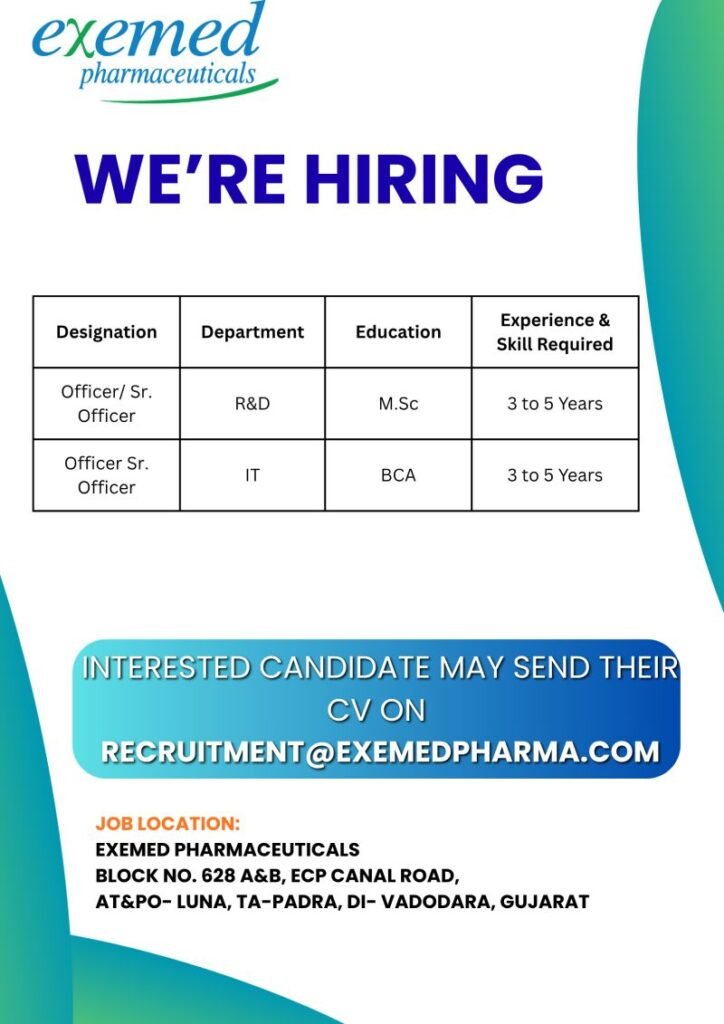 Exemed Pharmaceuticals Hiring For R&D, IT