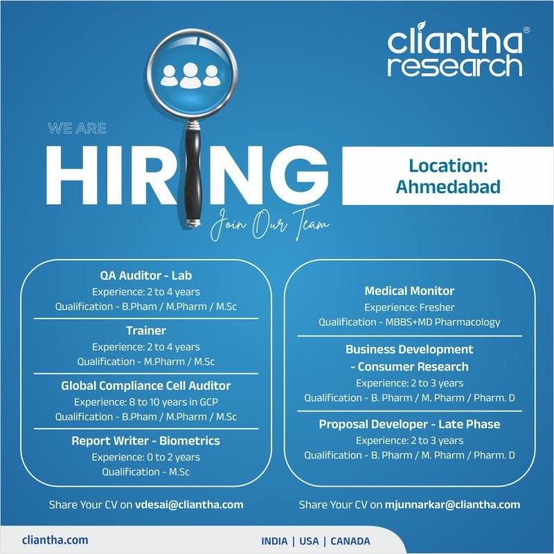 Freshers Needed In GCP auditing, biometrics, pharmacovigilance, or business At Cliantha Research