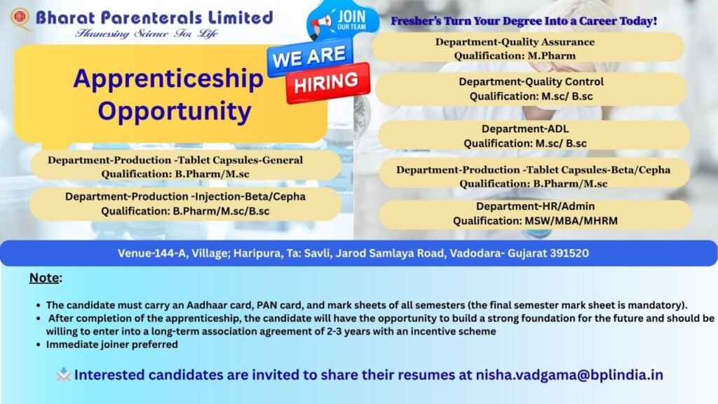 Freshers Needed In Production / Analytical Development / Quality Control / Quality Assurance At Bharat Parenterals Limited Freshers Needed In Production / Analytical Development / Quality Control / Quality Assurance At Bharat Parenterals Limited