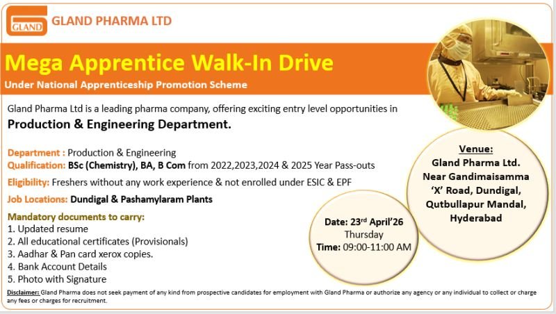 Freshers Needed In Production & Engineering At Gland Pharma