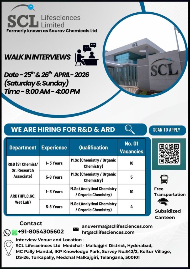 SCL Lifesciences Hiring For Research & Development / Analytical Research & Development