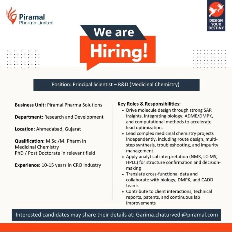 Piramal Pharma Hiring For Principal Scientist – R&D (Medicinal Chemistry)