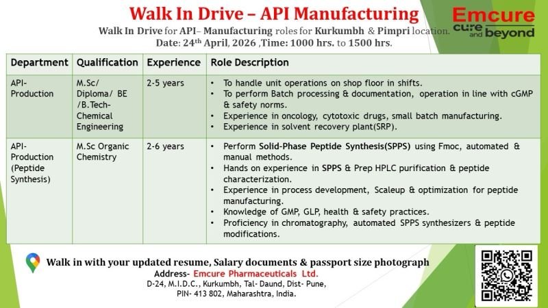 Emcure Pharmaceuticals Hiring For Production