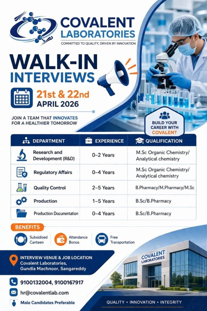 Freshers Needed In Regulatory Affairs / Production / Quality Control / Research & Development At Covalent Laboratories