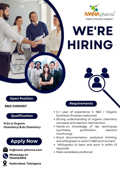 Freshers Needed In Production Engineer / R&D Chemist At Mana Pharma