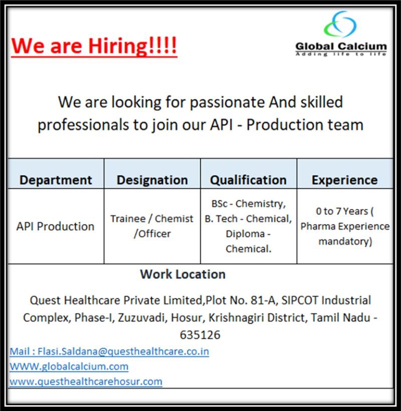 Freshers Needed In Production At Global Calcium