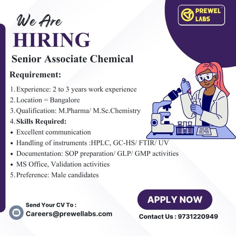 Prewel Labs Hiring For Senior Associate Chemical