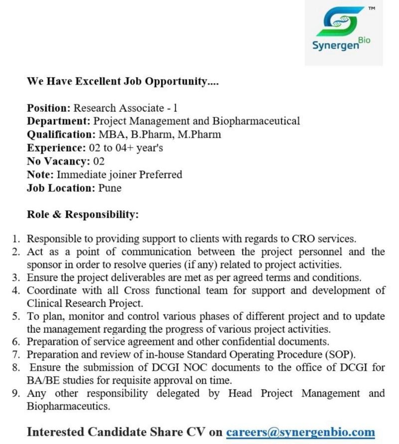 Synergen Bio Hiring For Research Associate