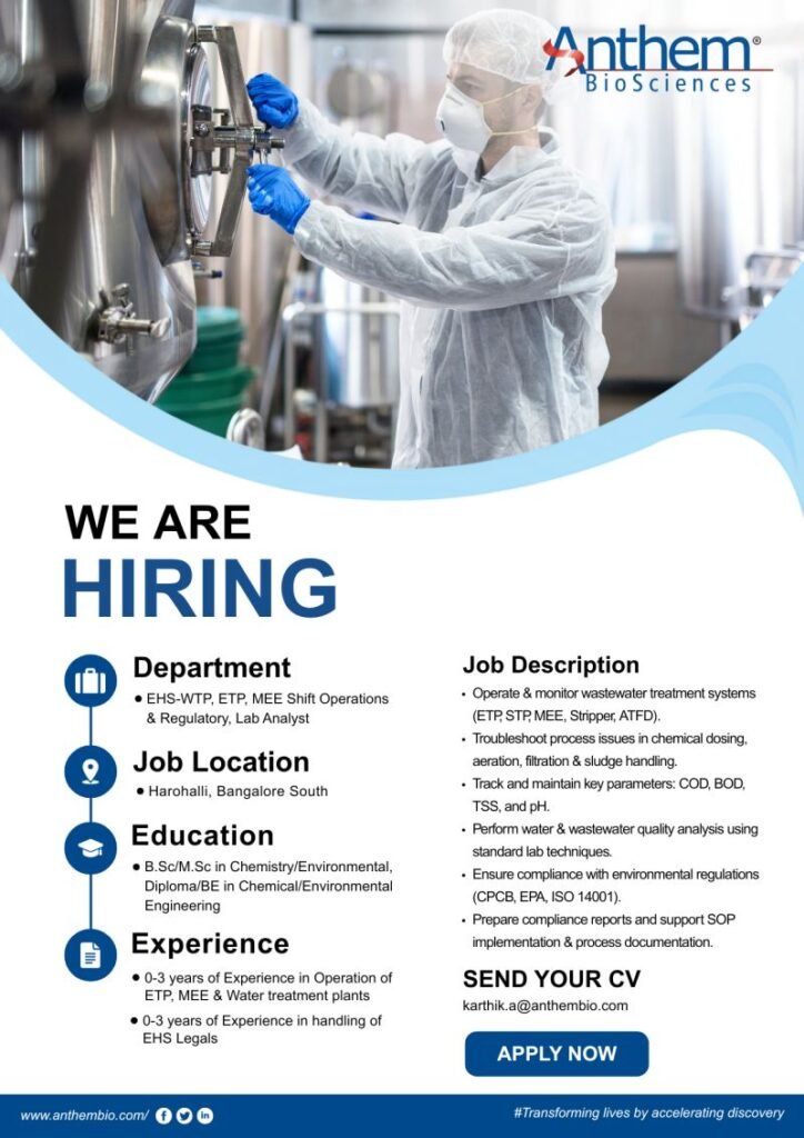 Freshers Needed In EHS – WTP, ETP, MEE Operations & Regulatory, Lab Analyst At Anthem BioSciences