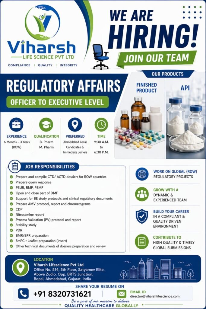 Viharsh Lifescience Hiring For Regulatory Affairs Officer