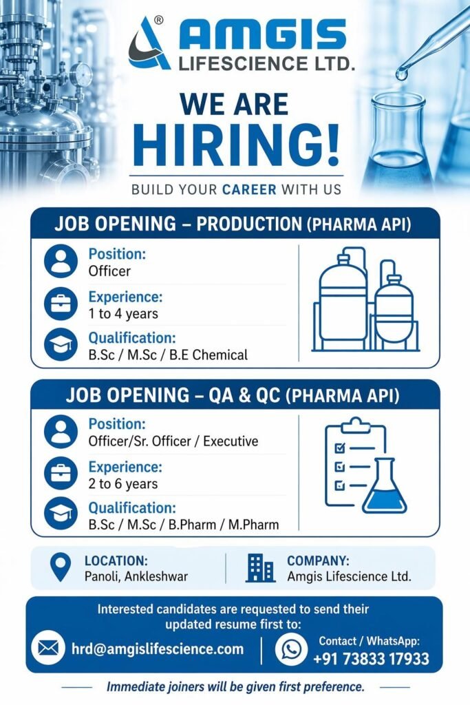 Amgis Lifescience Hiring For Production / Quality Assurance / Quality Control