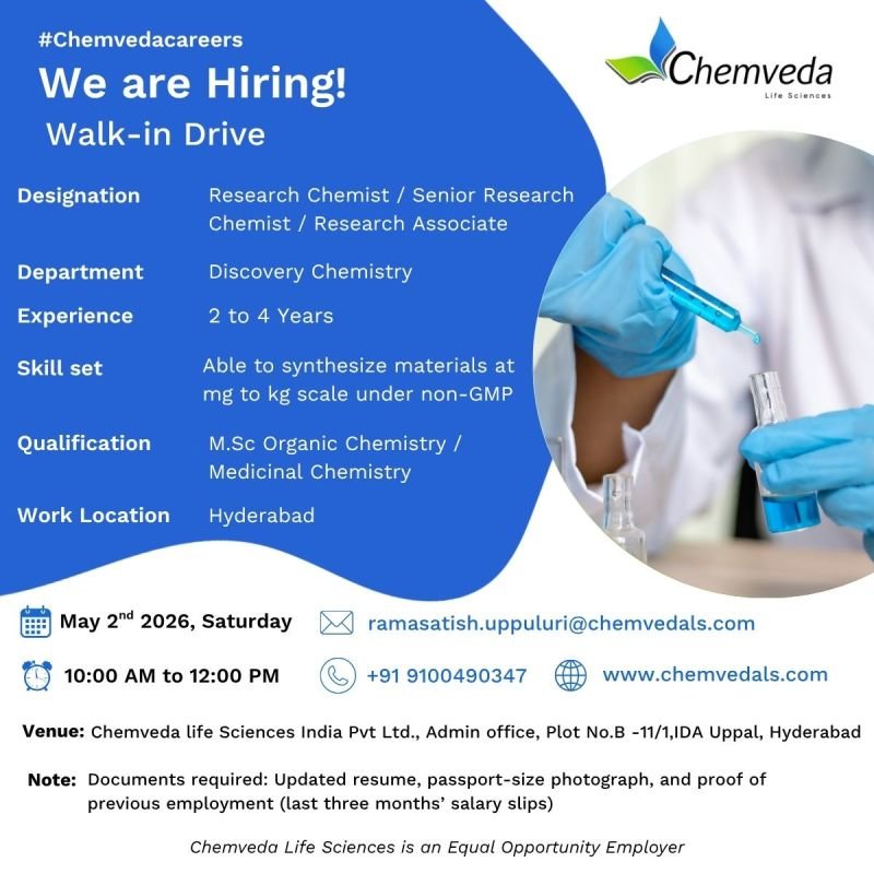 Chemveda Life Sciences Hiring For Discovery Chemistry