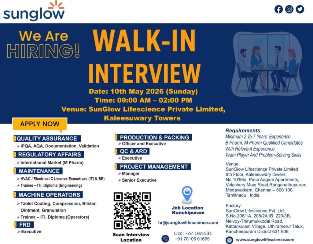 SunGlow Lifescience Hiring For Quality Assurance, Regulatory Affairs, Production, QC, ARD, Maintenance