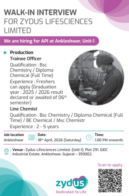 Freshers Needed In Production At Zydus Lifesciences Limited