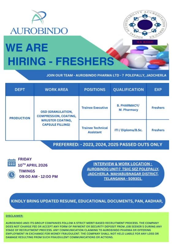 Freshers Needed In Production At Aurobindo Pharma Ltd.