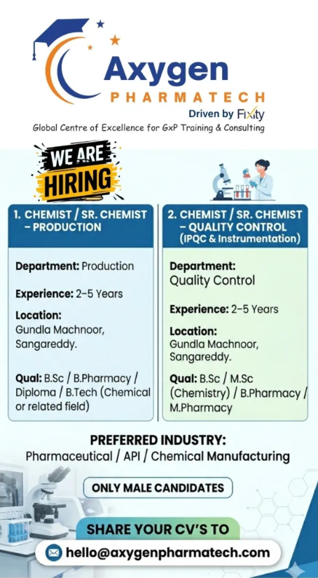 Axygen Pharmatech Hiring For Quality Control / Production Axygen Pharmatech Hiring For Quality Control / Production
