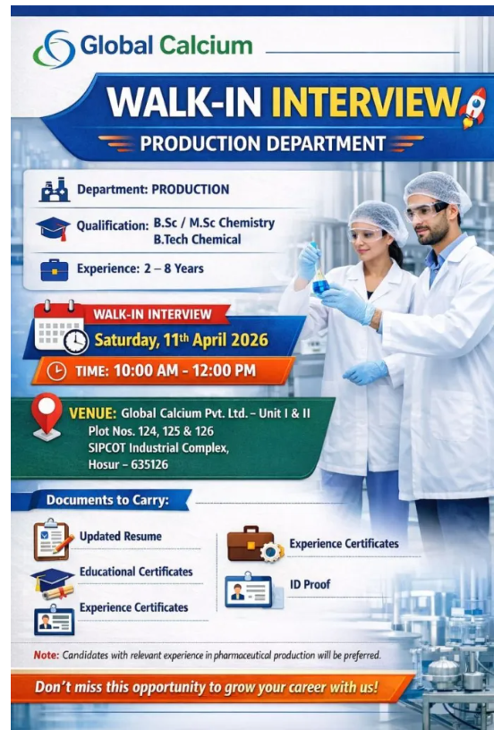 Global Calcium Hiring For Quality Control / Production / Receptionist Global Calcium Hiring For Quality Control / Production / Receptionist