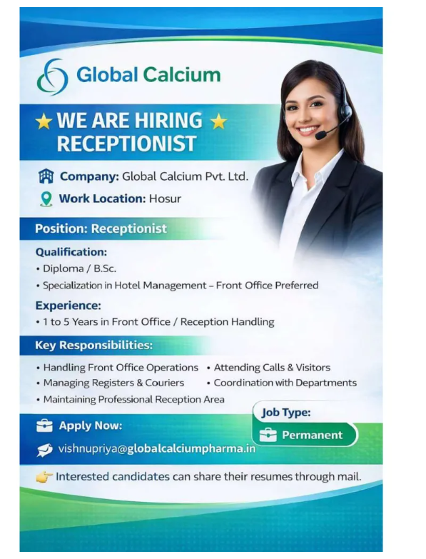Global Calcium Hiring For Quality Control / Production / Receptionist Global Calcium Hiring For Quality Control / Production / Receptionist