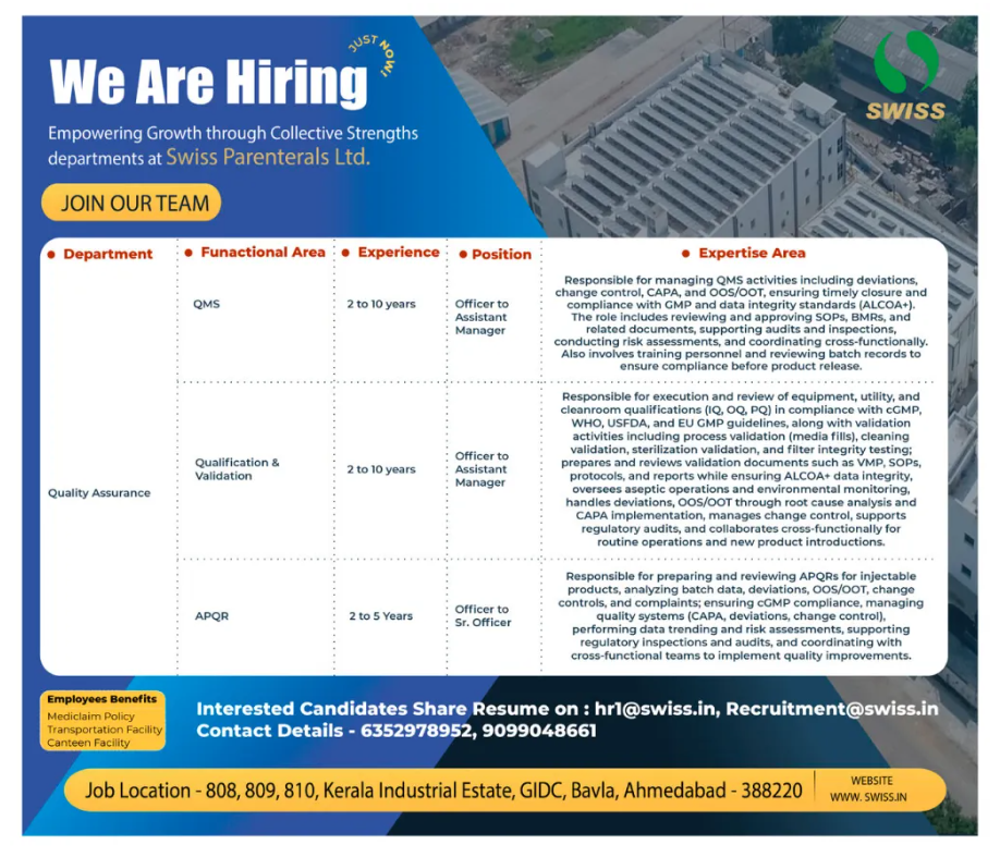 Freshers Needed In Production / Validation / Packaging / QMS / Quality Assurance At Swiss Parenterals Freshers Needed In Production / Validation / Packaging / QMS / Quality Assurance At Swiss Parenterals