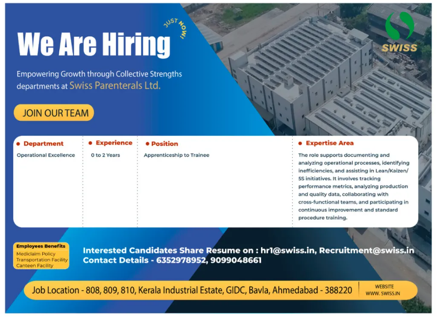 Freshers Needed In Production / Validation / Packaging / QMS / Quality Assurance At Swiss Parenterals Freshers Needed In Production / Validation / Packaging / QMS / Quality Assurance At Swiss Parenterals