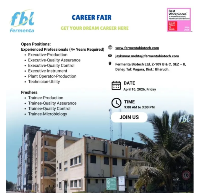 Freshers Needed In Production / Quality Control / Microbiology / Quality Assurance At Fermenta Biotech Ltd